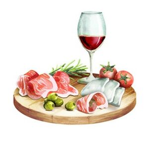 Wein mit Schinken und Käse auf Brett Wein mit Schinken und Käse auf Brett
